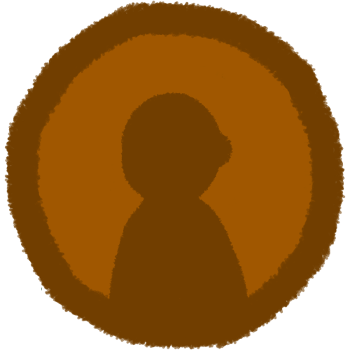  a copper colored circle with a darker outline and a silhouette of a person looking to the right with the chest connecting to the edge of the circle